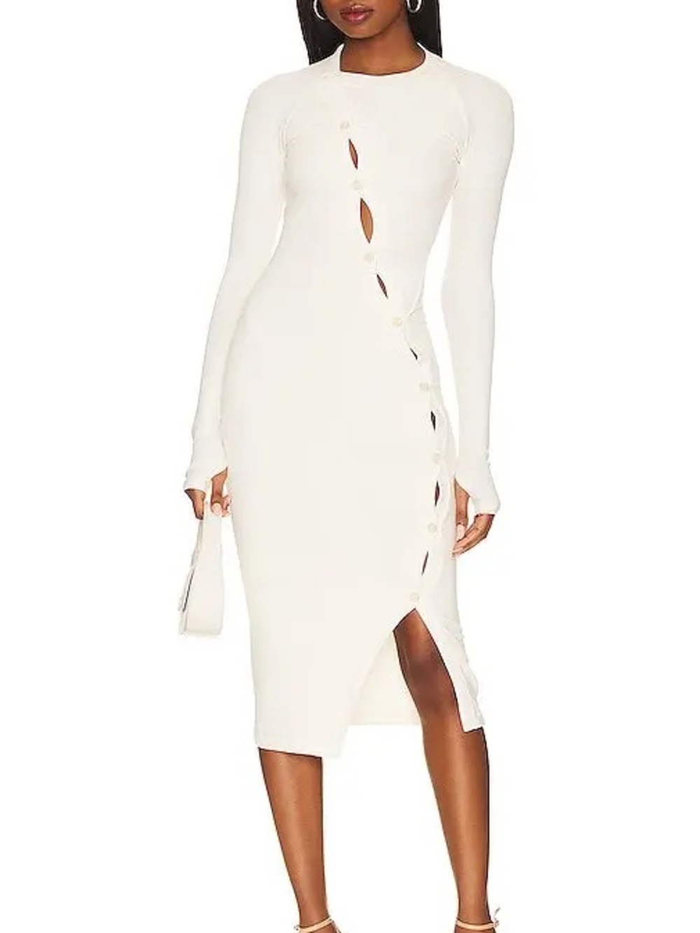 Elegant White Long-Sleeve Midi Dress with Side Button Detail